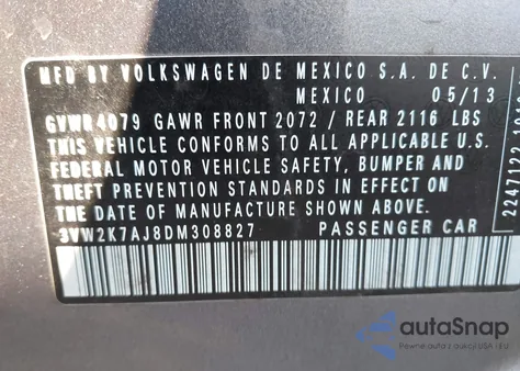 2013 Volkswagen Jetta 2.0L S z USA, uszkodzony, nr VIN 3VW2K7AJ8DM308827